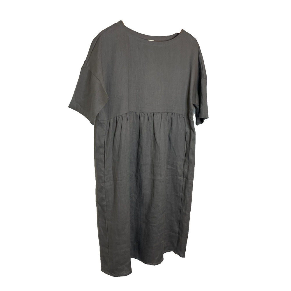 Women's XS Lintico Gray 100% Linen A-Line Midi Dress Lagenlook NEW - Picture 2 of 5
